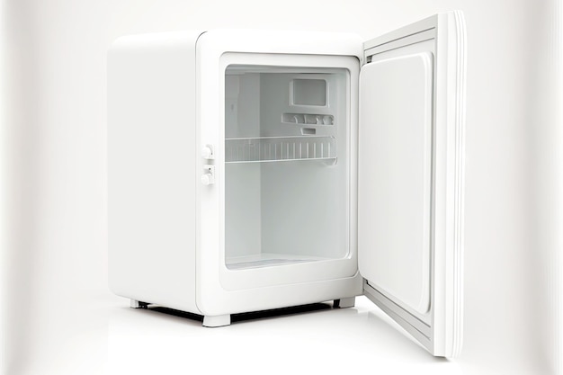 Frigorífico pequeno congelador com porta aberta isolada no fundo branco