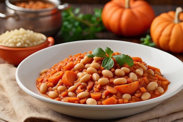 Foto frijoles blancos estofados y calabaza en rebanadas en salsa de tomate