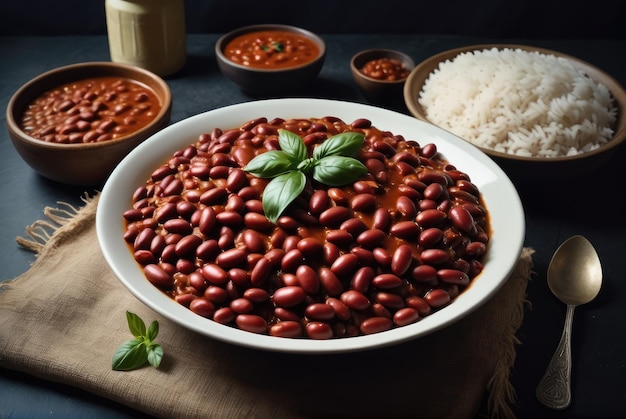 Frijoles cocidos en una salsa de tomate con especias