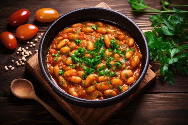 Frijoles cocidos en salsa de tomate con hierbas y especias de cerca en la mesa de madera