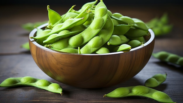 Frijoles edamame verdes orgánicos en un tazón de madera