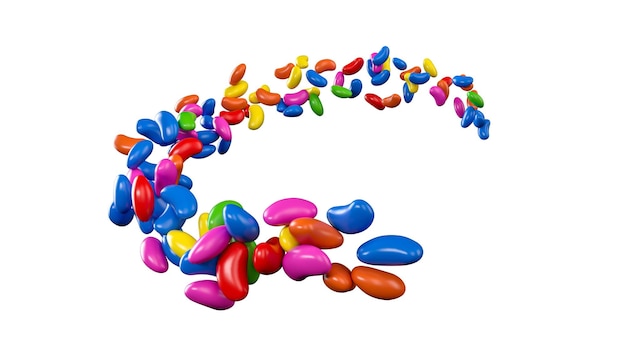 Frijoles de gelatina recubiertos de arco iris que fluyen en el aire ilustración 3d