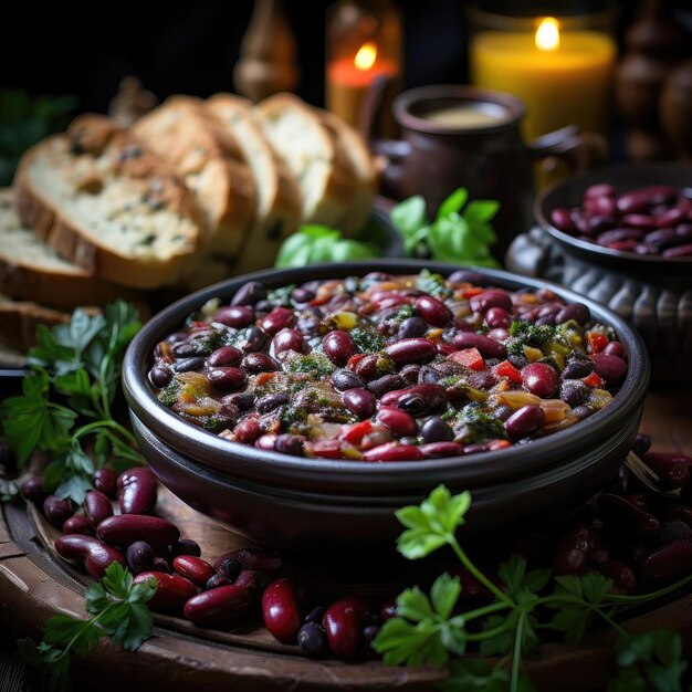 Frijoles guisados en un bol con pan y fruta sobre una mesa de color rojo oscuro y carmesí