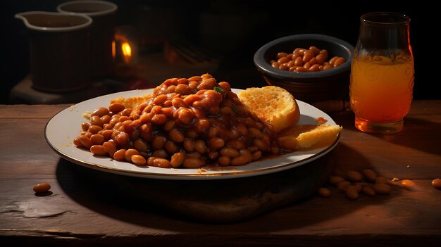 Frijoles horneados en un plato aislado en el fondo Vista superior