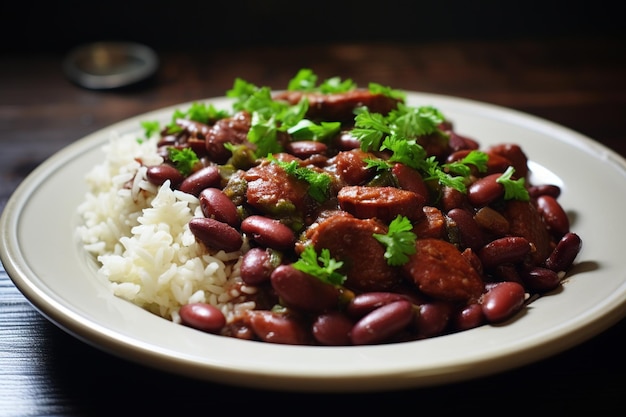 Foto frijoles rojos y arroz frijoles cocidos lentamente con carne de cerdo y especias