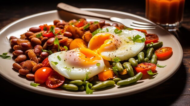 Frijoles con verduras y huevo cocido en un plato