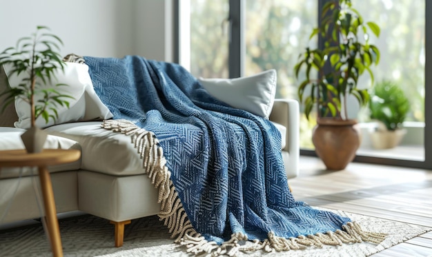 Fringed Woven Throw Blanket Mockup no sofá do quarto