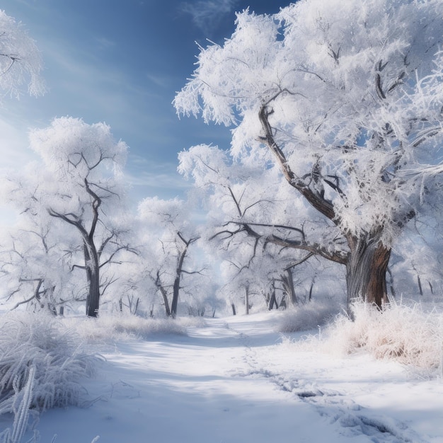 Frio e neve com árvores cobertas de gelo