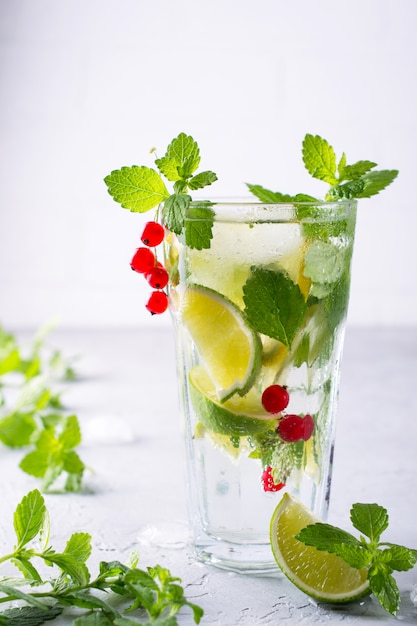 Frio verão caseiro frutas e bagas limonada. Mojito, limonada ou sangria em vidro.