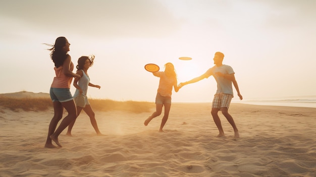 Frisbee-Spaß bei Sonnenuntergang mit drei Freunden, generative KI