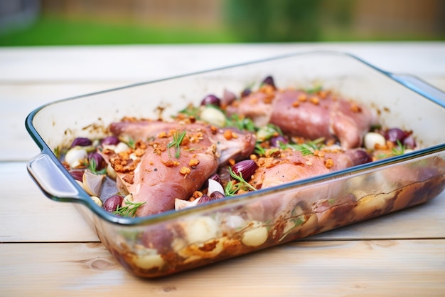 Frisch aus dem Ofen kommender Coq au Vin in einer Glasauflaufform