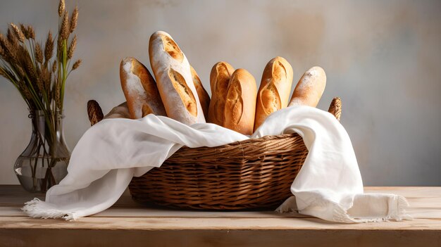 Frisch gebackene Baguettes in einem rustikalen Brotkorb vor neutralem Hintergrund