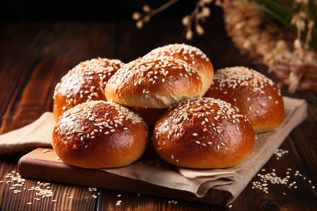 frisch gebackene Brötchen mit Sesamkerne und Zimt auf einem hölzernen Hintergrund