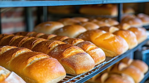 Frisch gebackene Brote auf Regalen in der Bäckerei