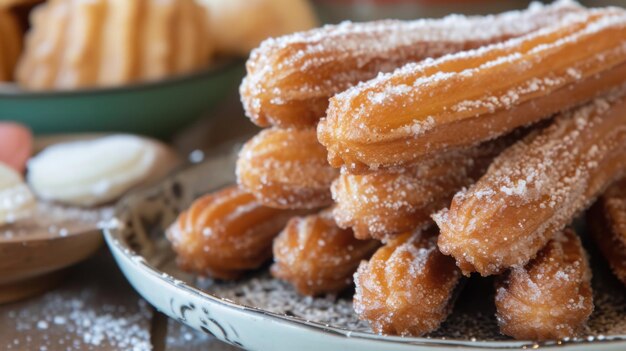 Frisch gebackene Churros mit Zuckerpulver in einer rustikalen Umgebung mit Orangensaft