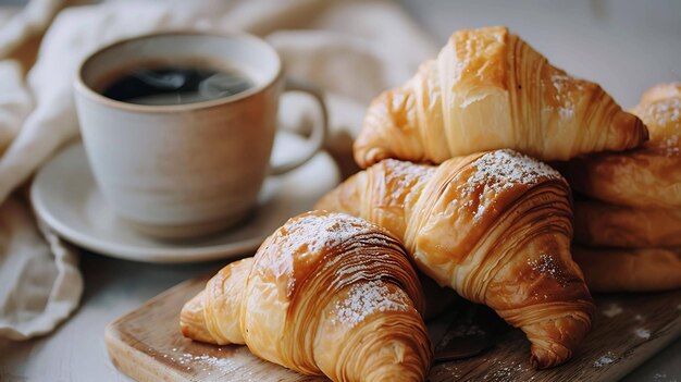 Frisch gebackene Croissants auf einem Holztisch mit einer Tasse Kaffee im Hintergrund