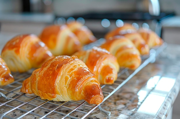 frisch gebackene Croissants auf einer Bäckpfanne