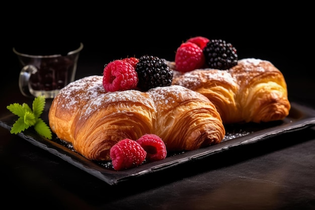 Frisch gebackene Croissants mit Mischung aus Beeren und Kirschen köstlicher Frühstücks-Frasbrier-Croissant, erstellt mit Generative Ai-Technologie