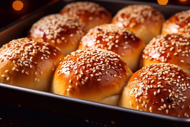 Frisch gebackene hausgemachte Brötchen mit Sesam