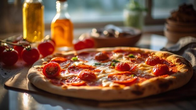 Frisch gebackene hausgemachte Pizza mit geschmolzenem Käse und knusprigen Belägen