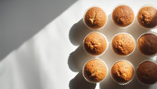 Frisch gebackene Kleimmuffins auf dem weißen Tisch Geschmackvolles Essen zum Frühstück Köstliche Backwaren Top-View