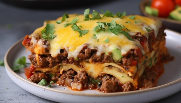 Frisch gebackene Lasagne mit Rindfleisch und Tomaten, generiert durch künstliche Intelligenz