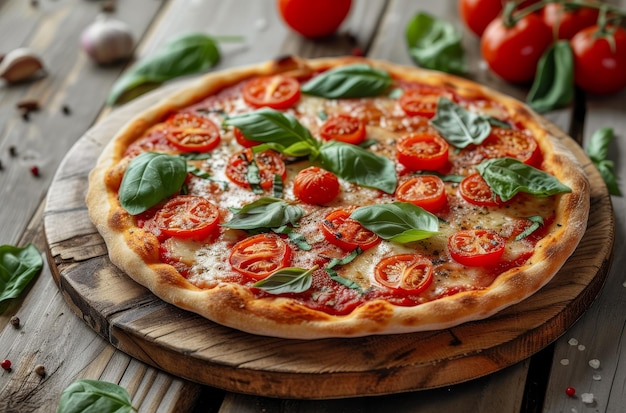 Frisch gebackene Margherita-Pizza auf einem Holztisch