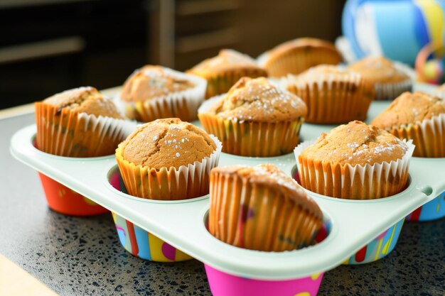 Foto frisch gebackene muffins kühlen in einem farbenfrohen silikonbrett ab