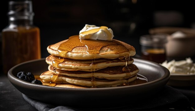 Frisch gebackene Pfannkuchen mit hausgemachtem, von KI erzeugtem Honigsirup