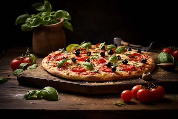 Frisch gebackene Pizza auf einem rustikalen Holztisch erzeugte eine Gourmet-Lust