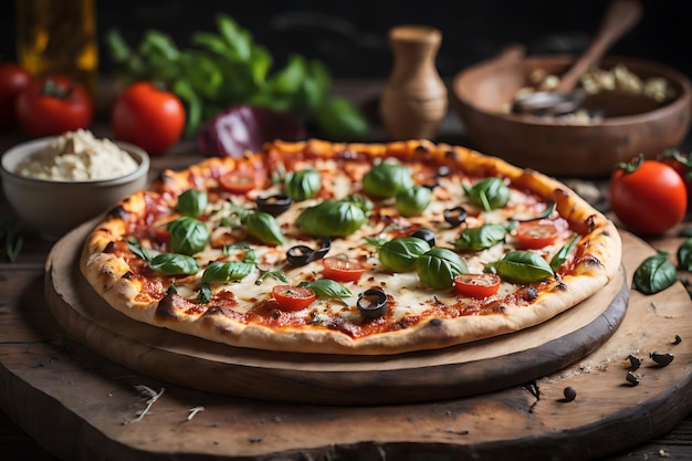 Frisch gebackene Pizza auf rustikalem Holztisch