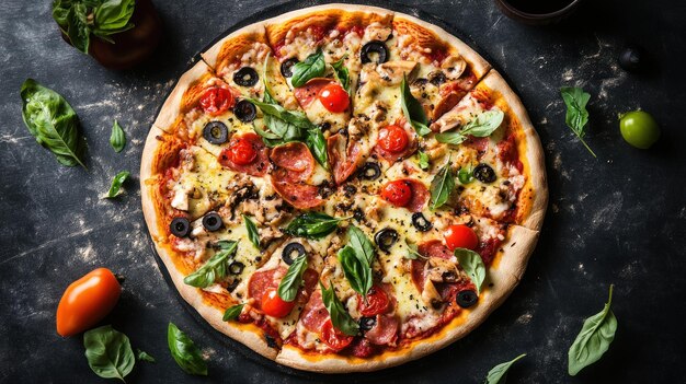 Frisch gebackene Pizza mit Pepperoni-Pilzen, Oliven und Basilikum