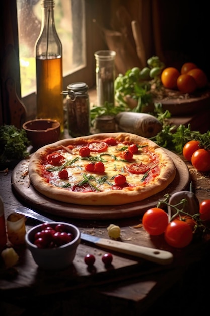 Frisch gebackene Pizza mit schmelzendem Käse auf einem rustikalen Holztisch, der mit generativer AI erstellt wurde