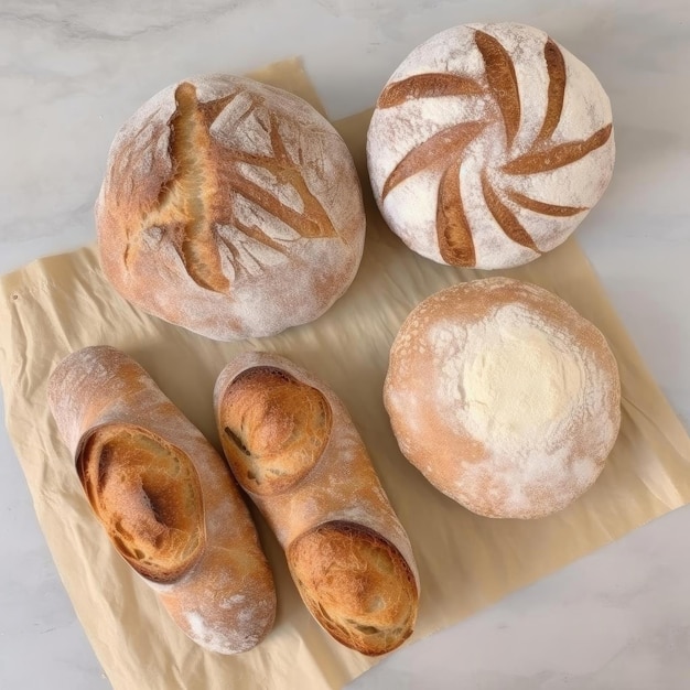 Frisch gebackene Sauerteigbrötchen auf Pergamentpapier auf Marmorhintergrund