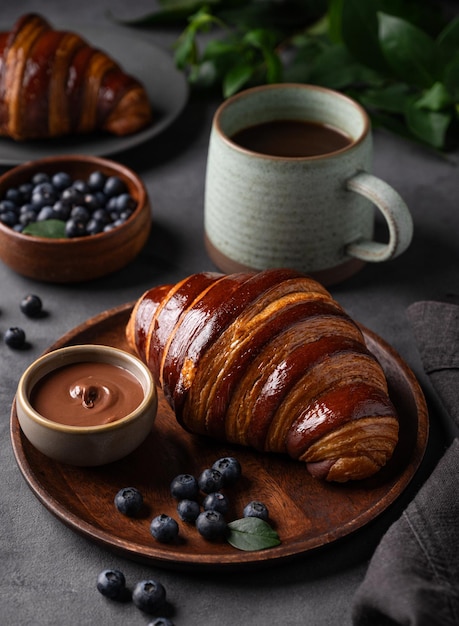 Frisch gebackene Schokoladen-Croissants mit Blaubeeren auf einer Holzplatte auf einem dunklen Hintergrund mit einer Tasse schwarzen Kaffee in der Nähe Das Konzept eines köstlichen hausgemachten Frühstücks