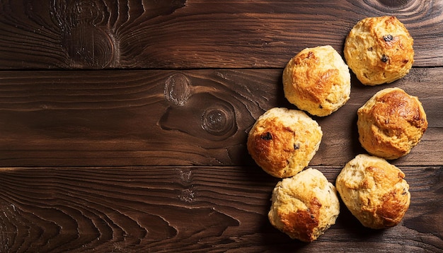 Frisch gebackene Scones auf einem Holztisch Schmackhaftes Essen Hausgemachte Bäckerei Backwaren Top-View