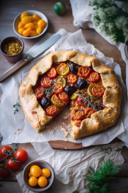 Frisch gebackene Tomatenkuchen-Galette mit Oliven auf Backblech gelegt, Lebensmitteleinstellung ai generativ
