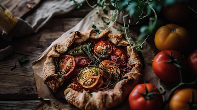 Foto frisch gebackene tomatenschüssel auf einem holztisch mit rustikalem hintergrund