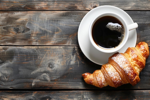 Foto frisch gebackener croissant und kaffee auf dem tisch