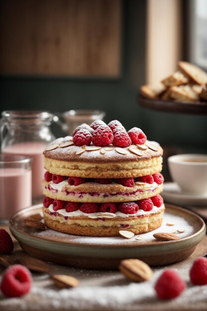 Frisch gebackener Himbeer-Backwell-Kuchen, geschmückt mit zarten Mandelschnitten und Zuckerpulver