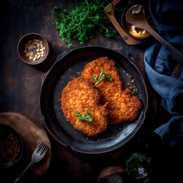 Frisch gebackener Schnitzel in einem schwarzen Topf am Tisch