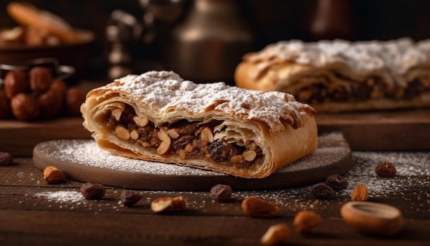 Frisch gebackener Strudel mit süßen Früchten und Nüssen, die von KI erzeugt werden