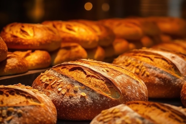 Frisch gebackenes Brot auf dem Bäckereiregal in Großaufnahme der generativen KI