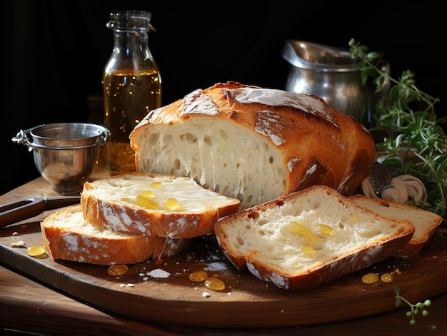 Frisch gebackenes Brot auf einem Holzbrett Generative KI