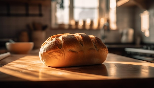 Frisch gebackenes Brot auf einem Holztisch, eine hausgemachte Gourmet-Mahlzeit, die von KI erzeugt wurde