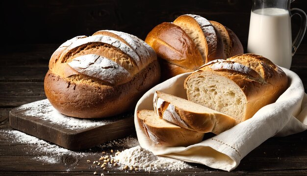 Foto frisch gebackenes brot auf einem mehlverschmutzten holztisch