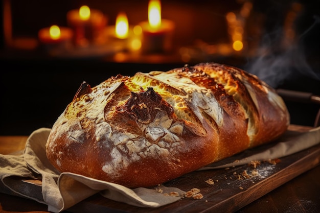 Frisch gebackenes Brot auf einem rustikalen Holztisch, umgeben von Wärme