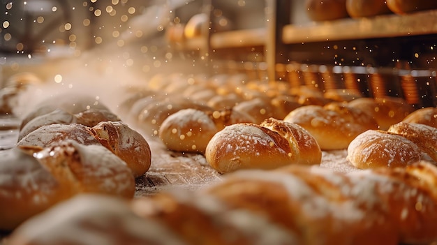 Frisch gebackenes Brot in einer handwerklichen Bäckerei mit goldener Kruste und Mehlstaub im warmen Licht