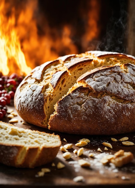 Foto frisch gebackenes brot mit sesamkörnern auf einem holzbrett ai generative