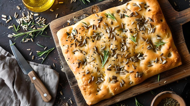 Frisch gebackenes Focaccia-Brot mit Rosmarin und Oliven auf Holzbrett köstliche hausgemachte italienische Küche ideal für Restaurantmenüs und kulinarische Blogs KI